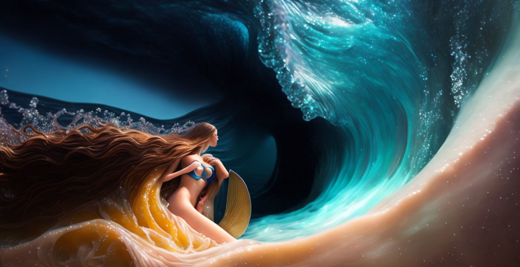 Sea waves with a beautiful mermaid among the waves