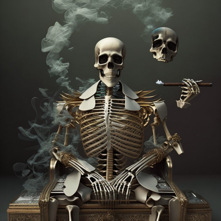 A complete skeleton in formal attire sitting on a 