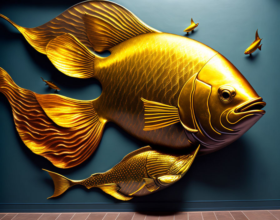 A wall painting consisting of a golden fish, and t