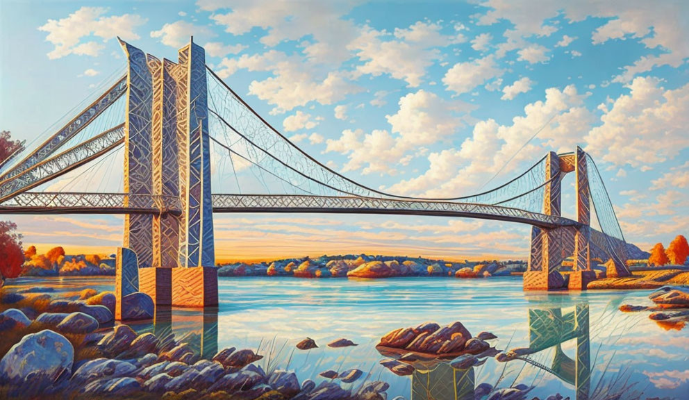 Picasso style bridge over water with sunset