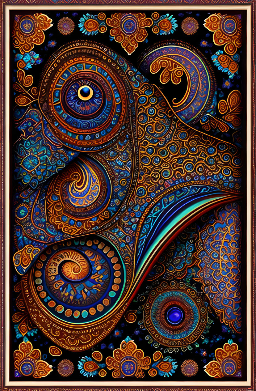 Colorful swirling abstract art with blues, oranges, and golds