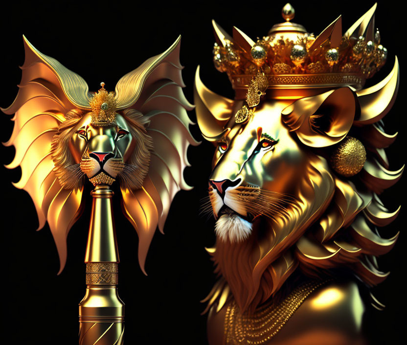 Lion head wearing a golden yellow crown with a sta