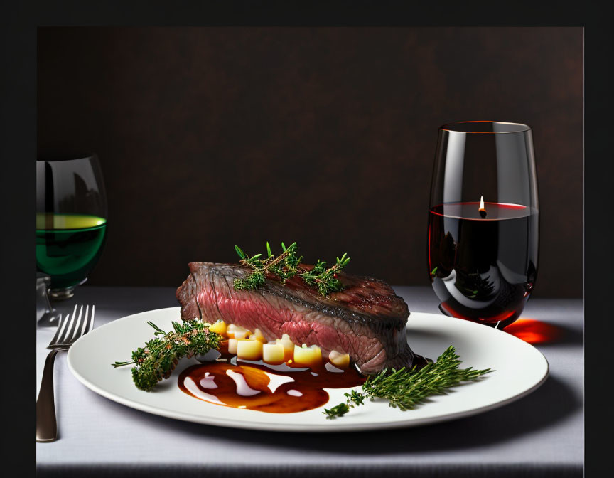 Luxurious romantic steak dinner on candles Red win
