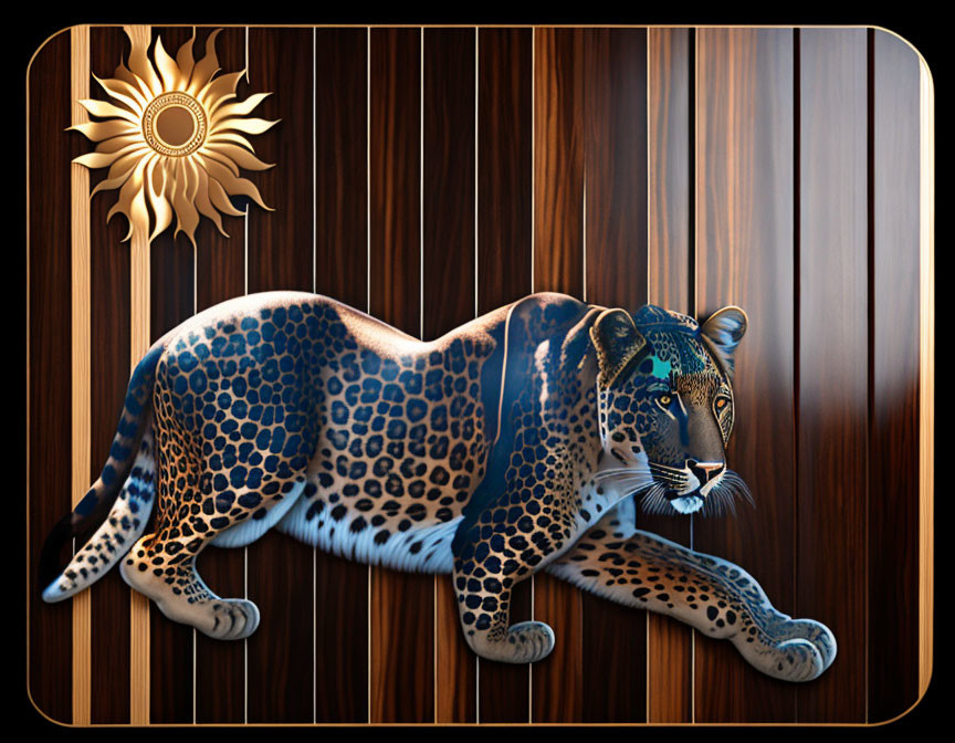 Shield of a brown leopard on a glossy brown wood p