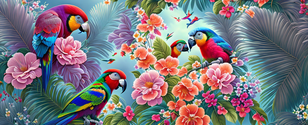 Flowers wallpaper scenes with parrot birds