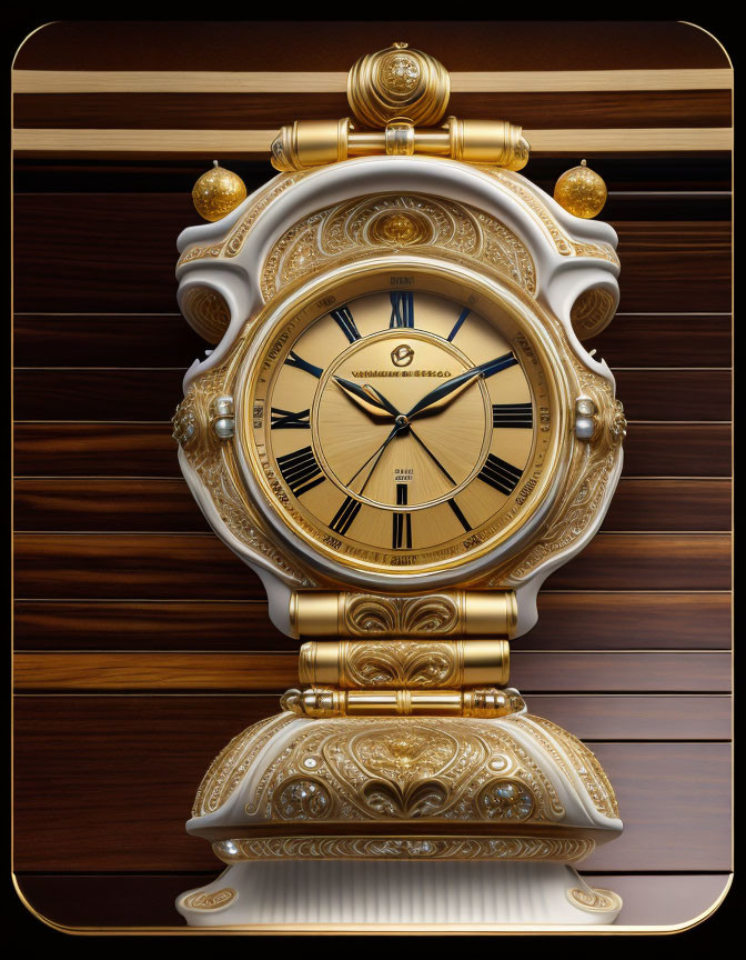 The clock is of gold and ivory with a brown wood e