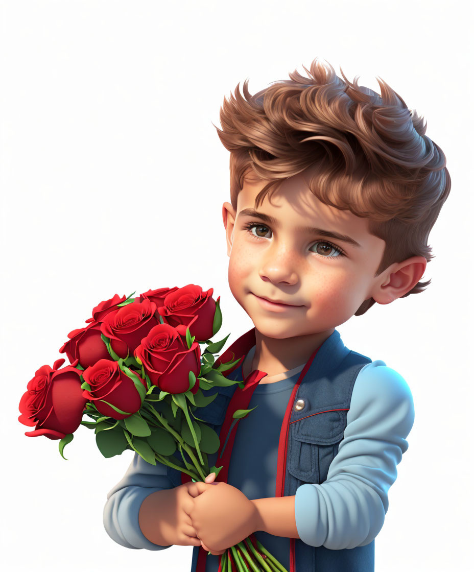 A boy holding a bouquet of red roses in the hand o