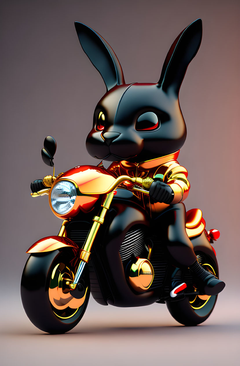 Cartoon big red human black rabbit riding a motorc