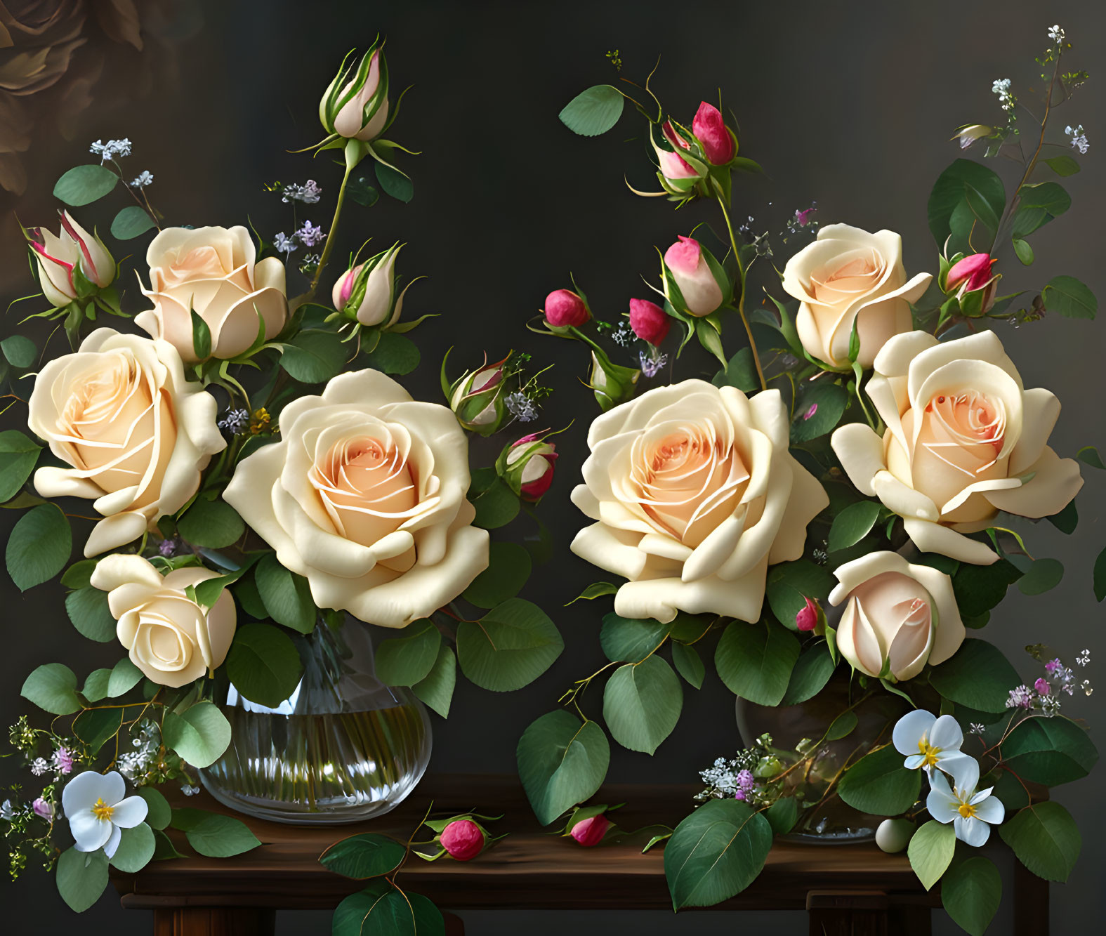 Beautiful roses, milky color, connected with mergi