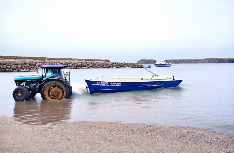 A tractor pulls a boat out of the sea