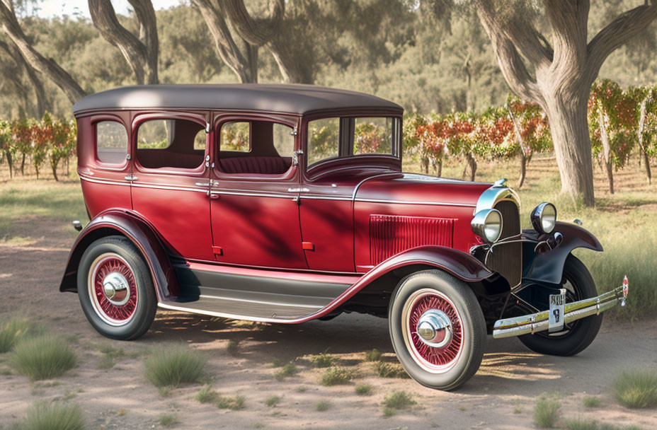 Old model Ford car, wine red color