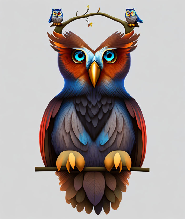 A cartoon owl standing on a tree branch with blue 