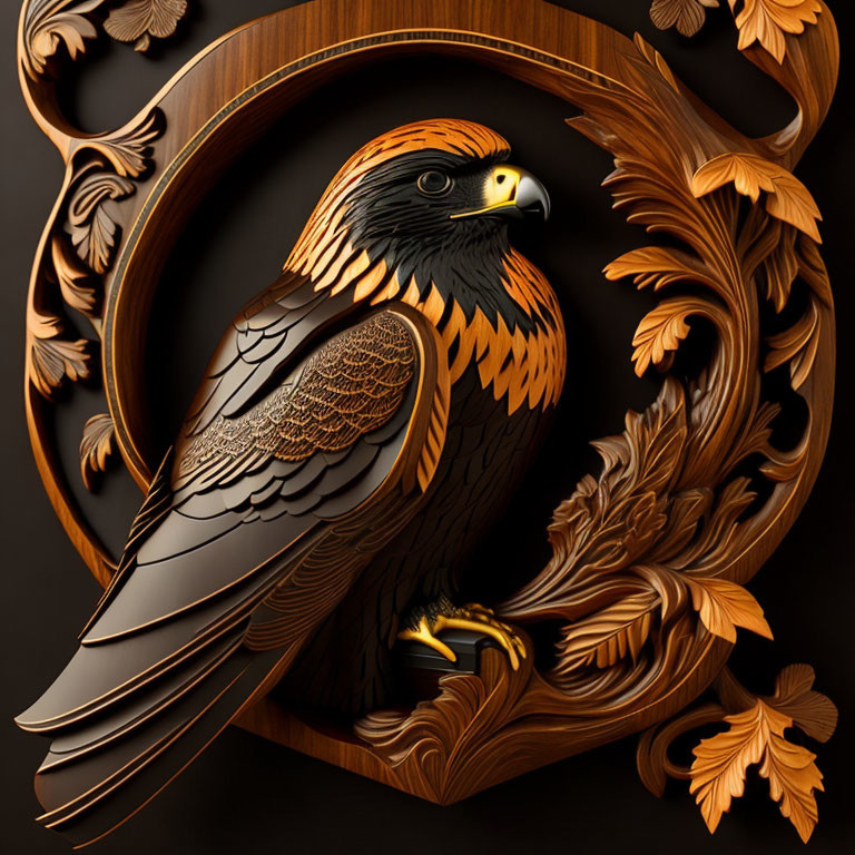 Falcon carved colored wood and black 