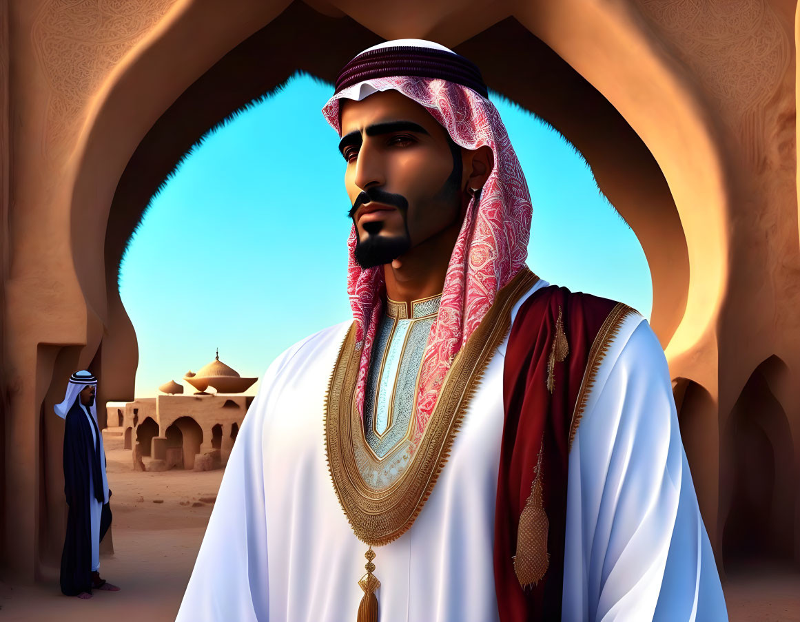 Traditional Middle Eastern man in headscarf and robe in desert setting
