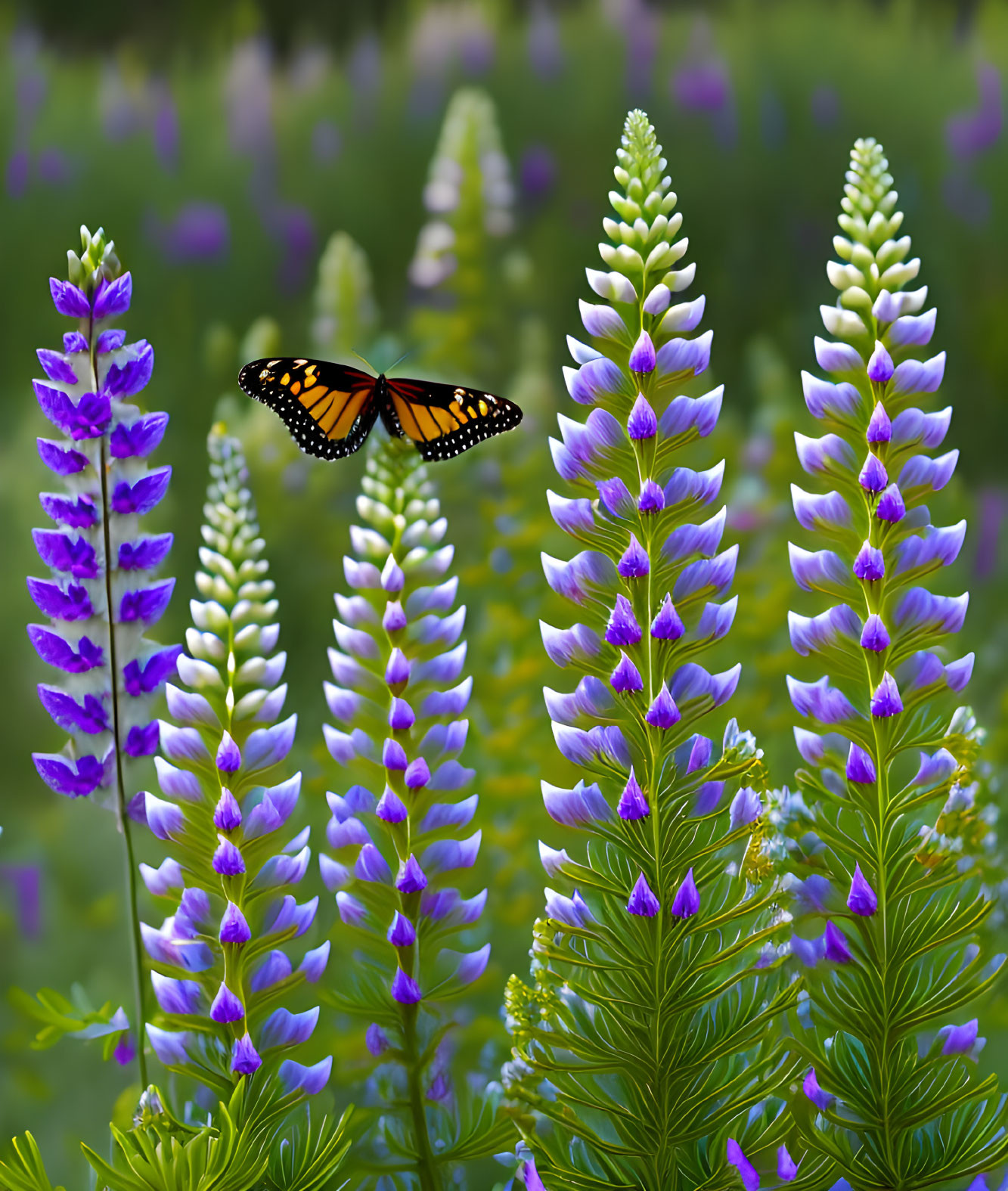Beautiful lupine flowers butterfly background imag