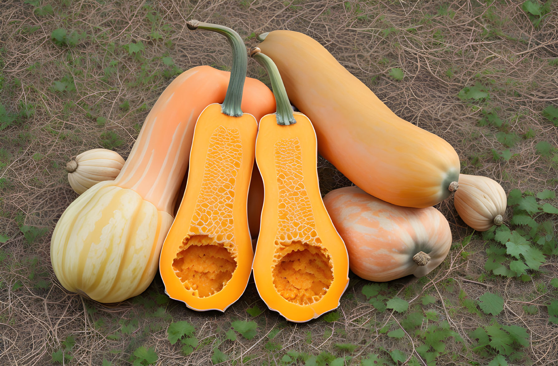 Butternut squash of various sizes and colors