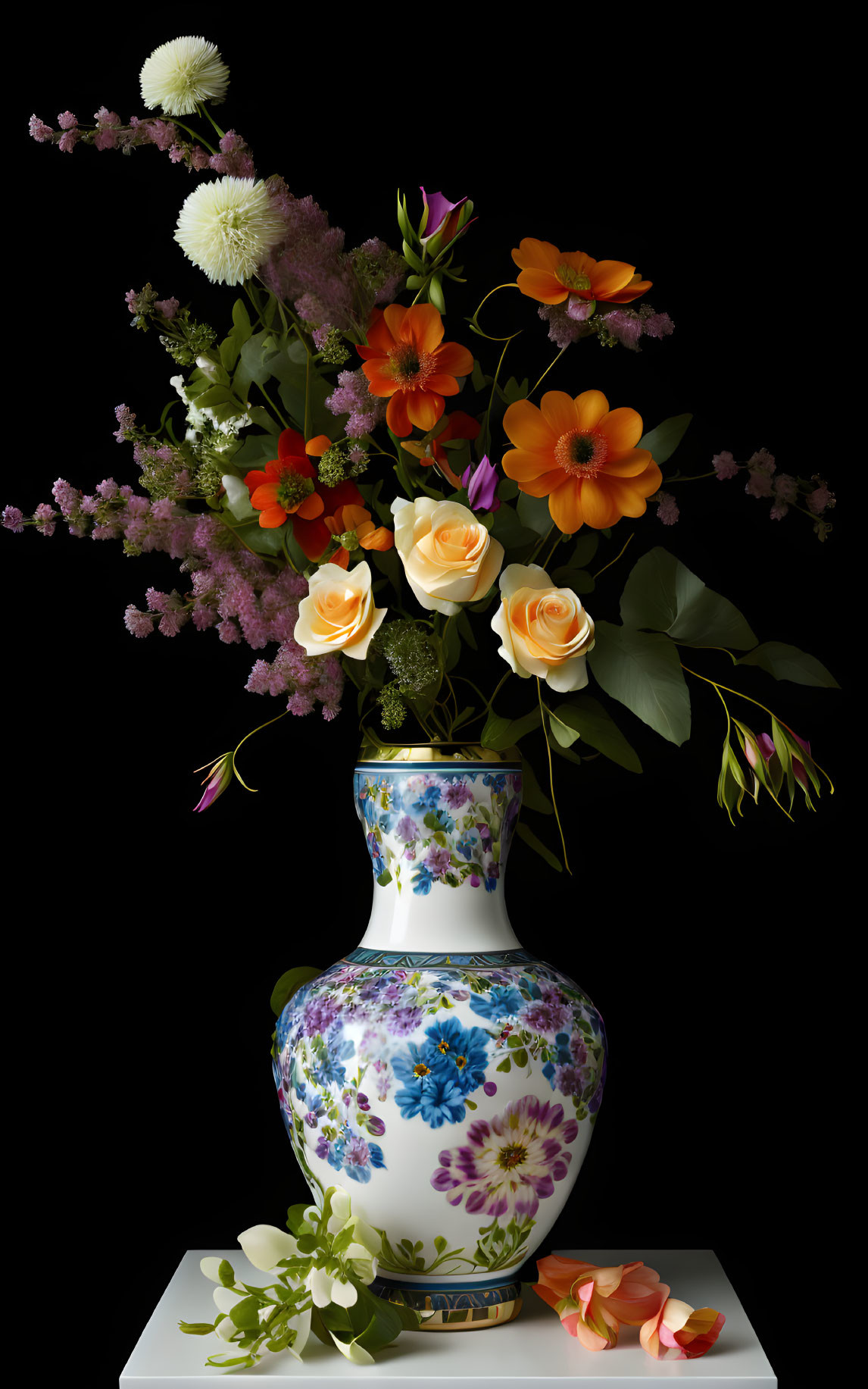 Arrangement of different flowers inside a porcelai