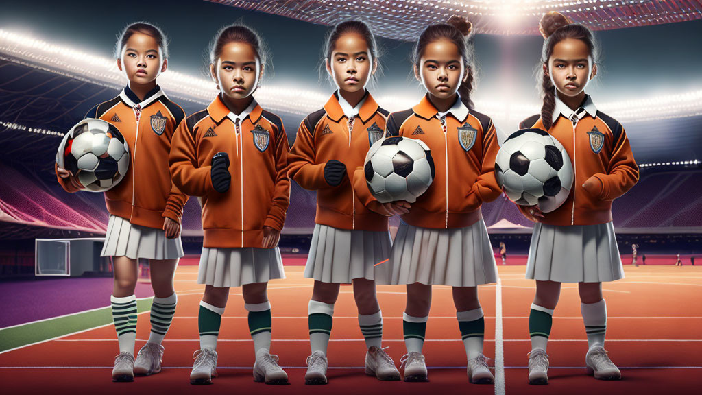A group of school girls pupils on the soccer field