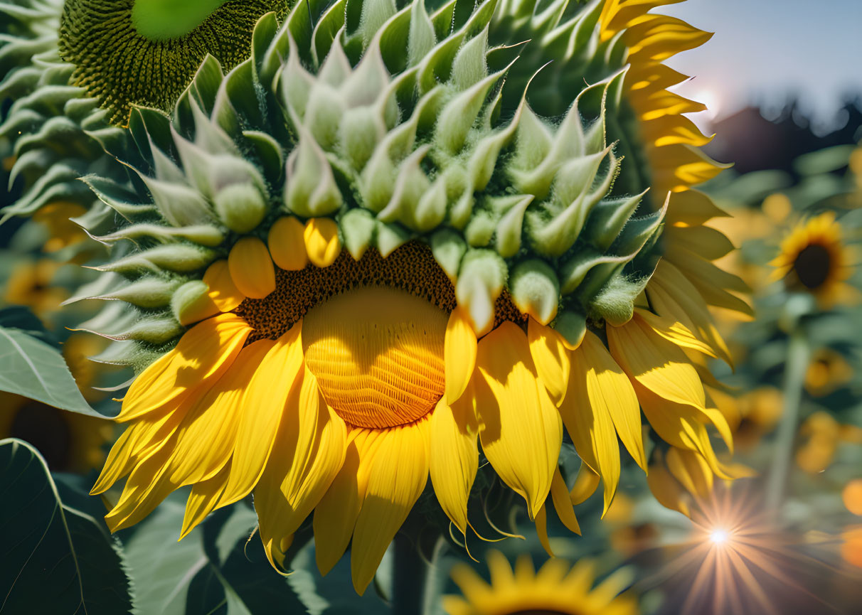 Exquisitely beautiful sunflower head with bright s