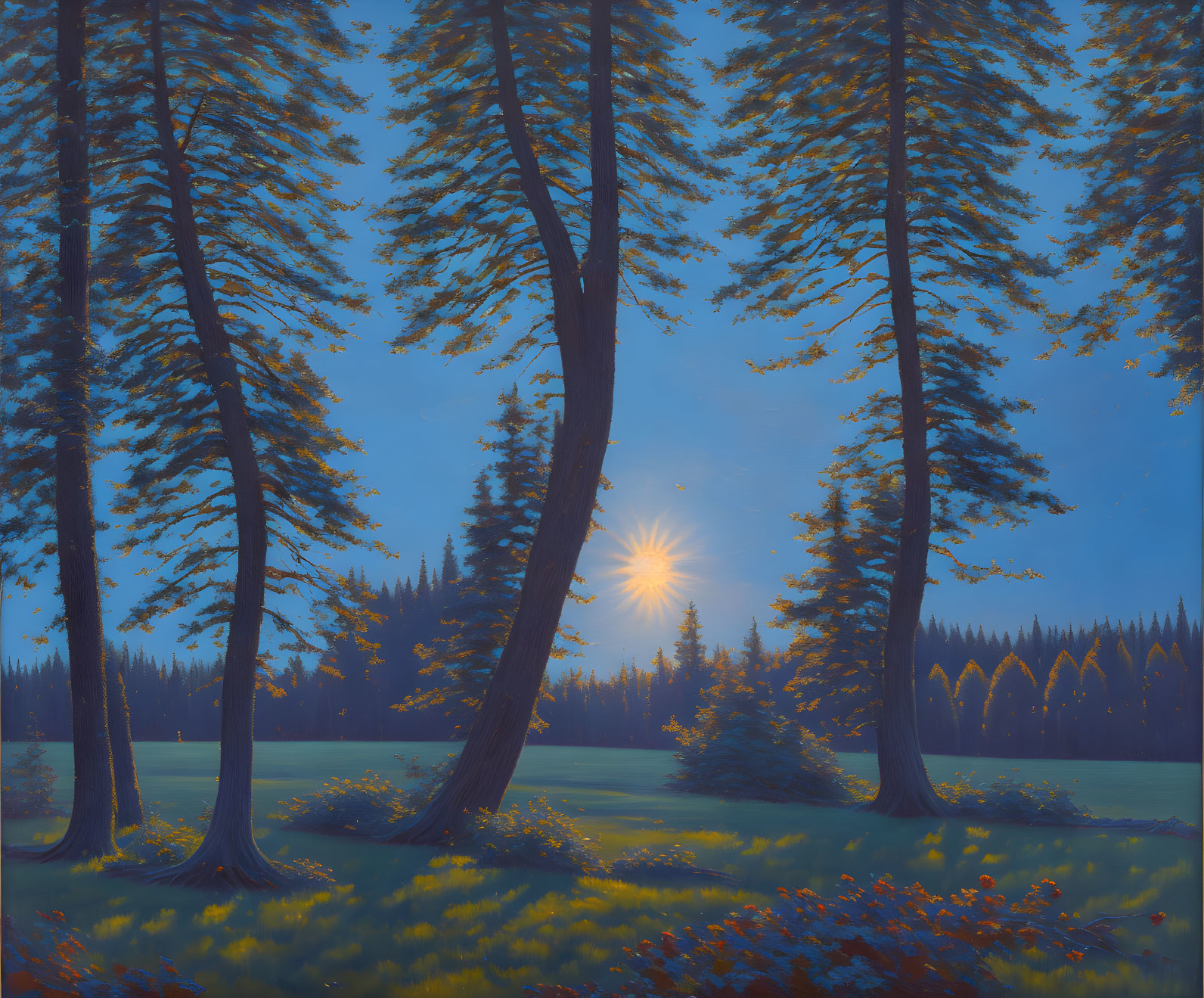 The sun is setting between two large trees, oil on