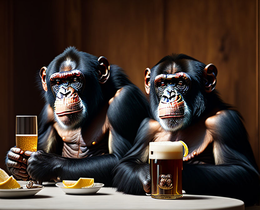 Monkeys and chimpanzees drinking beer