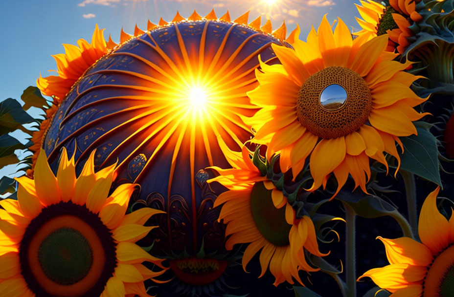 a big medieval style sun at the top and sunflowers