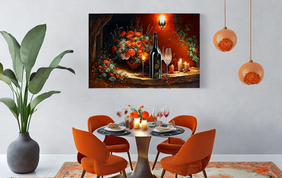 Romantic dining room, wine and flowers, beautiful 