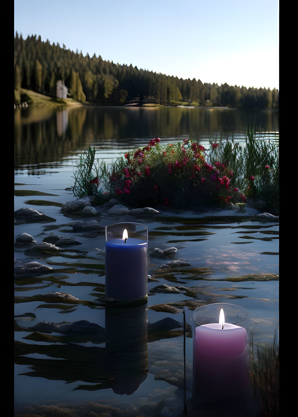 Romantic landscape candle burning lakeside