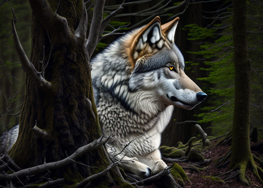 Gray wolf realistic side view between trees