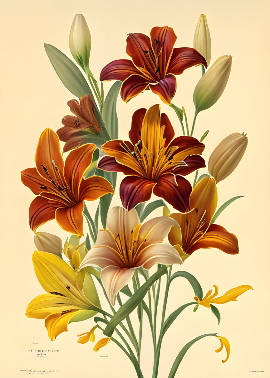 Yellow, orange and burgundy star lily flowers