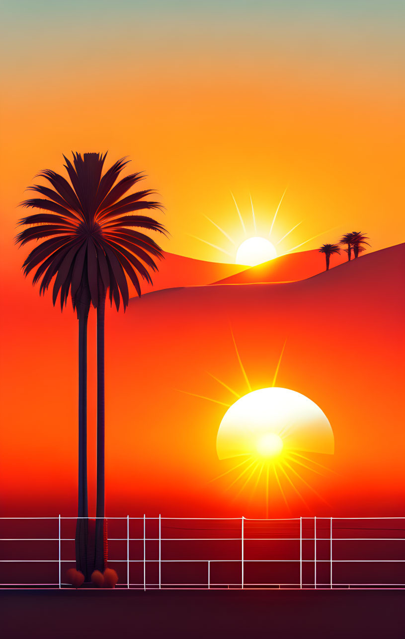 A tall palm tree in the desert with full sun