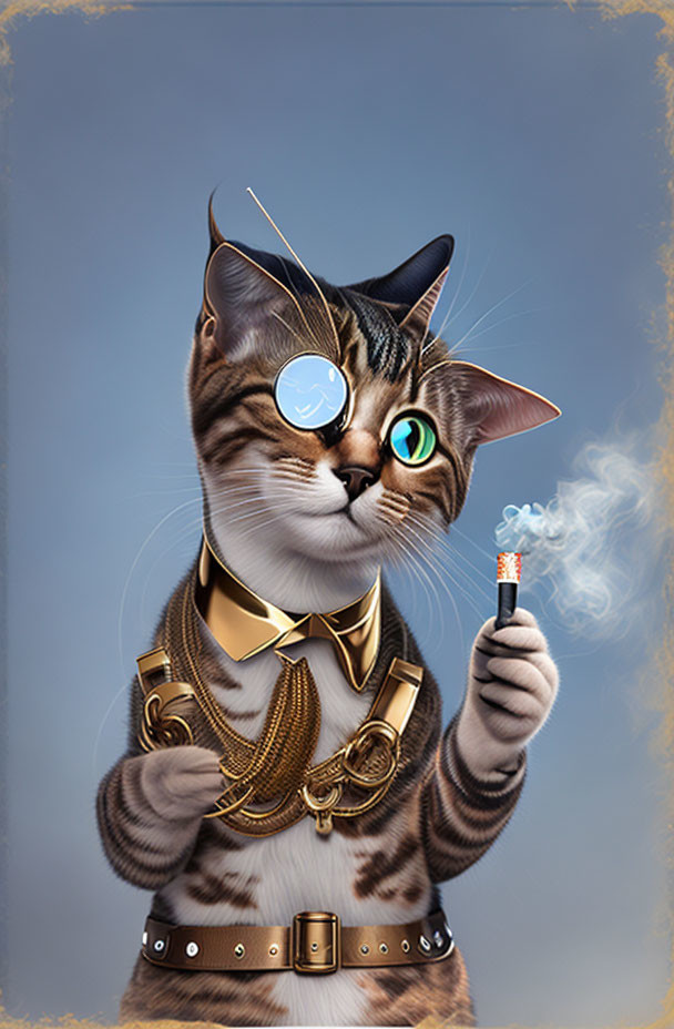 Gato com um charuto Um gato fuma um cigarro