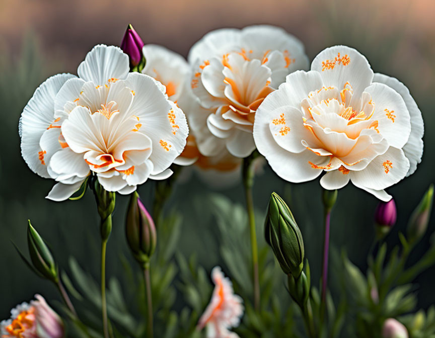 Three carnation flowers in different colors, with 