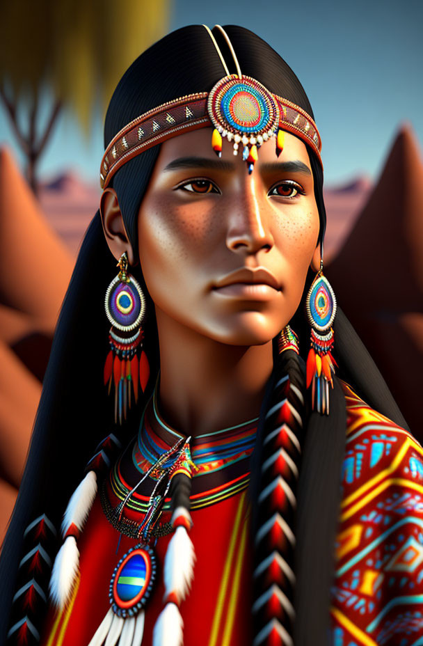 Native American young woman portrait in 3d digital