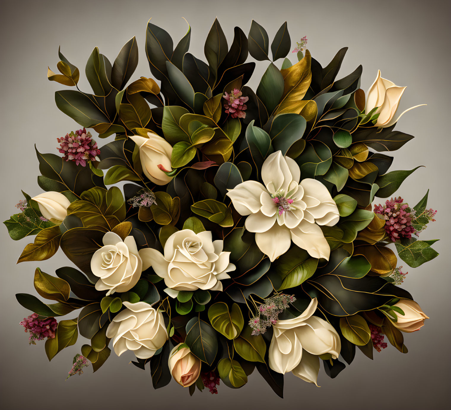 Beautiful bouquet of flowers with big leaves desig