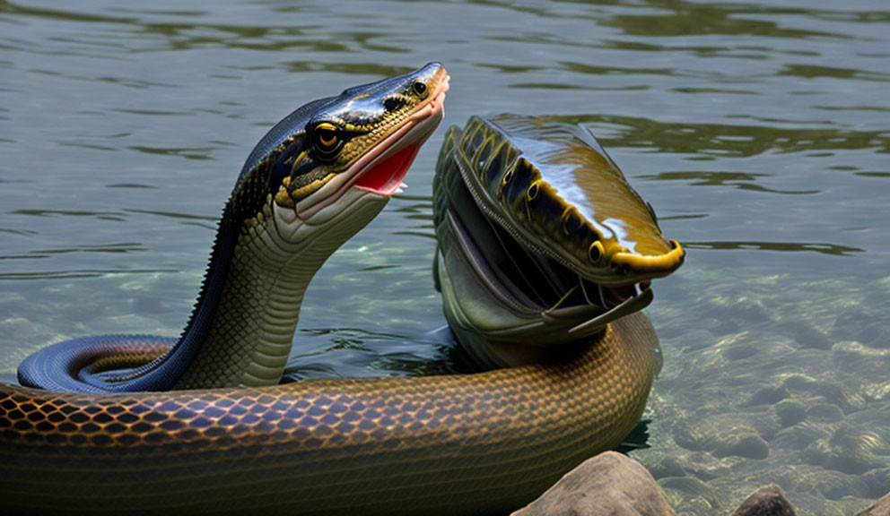 A snake swallowing a large fish