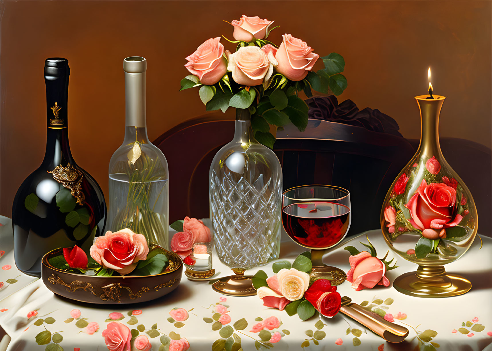 A dining table, a bouquet of beautiful roses, a bo