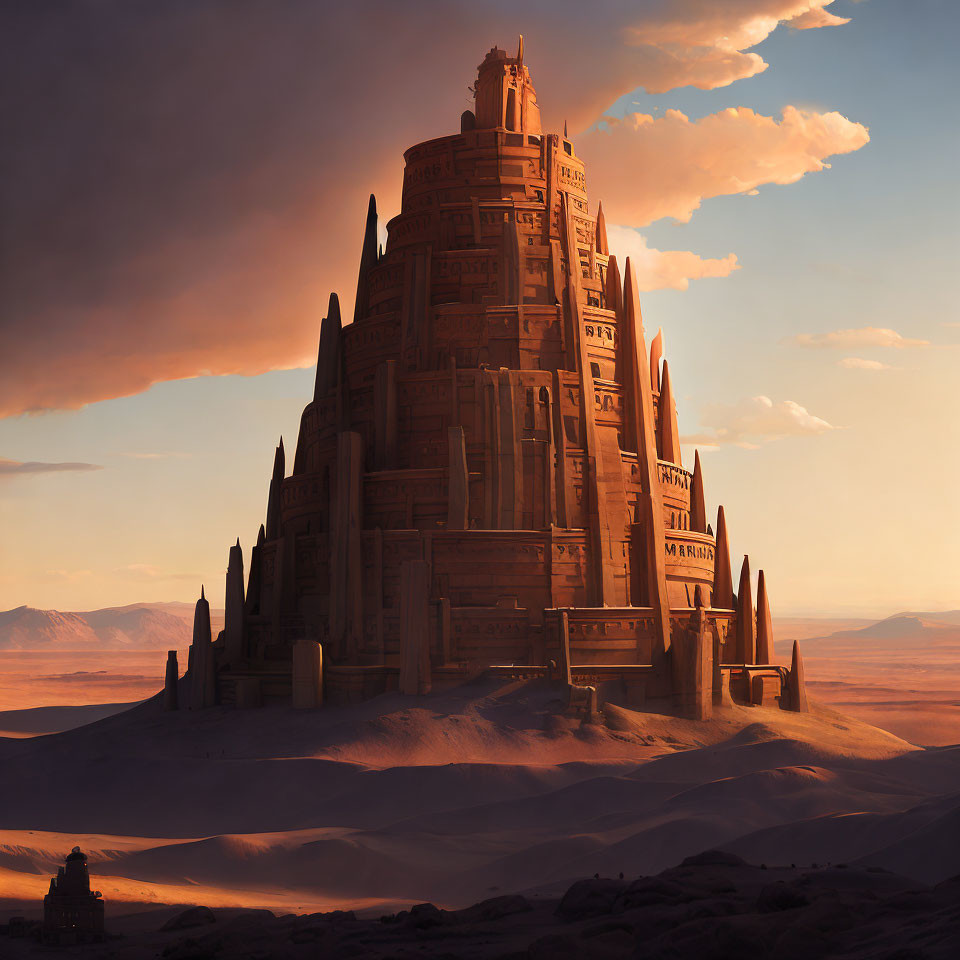Ancient desert ziggurat at sunset with engraved walls