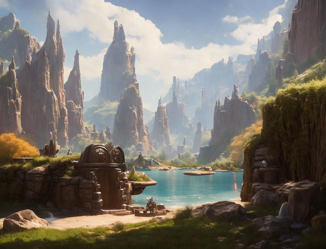 Tranquil river and towering rock formations in serene landscape