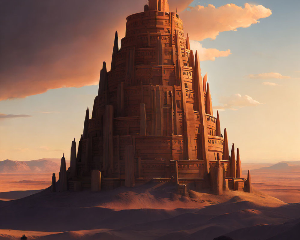 Ancient desert ziggurat at sunset with engraved walls