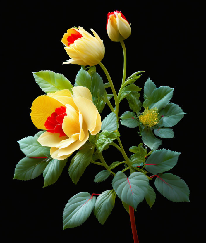 Vibrant yellow tulips and buttercup on dark background with green leaves