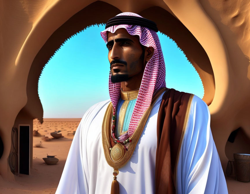 A Saudi Arab man lives in the desert