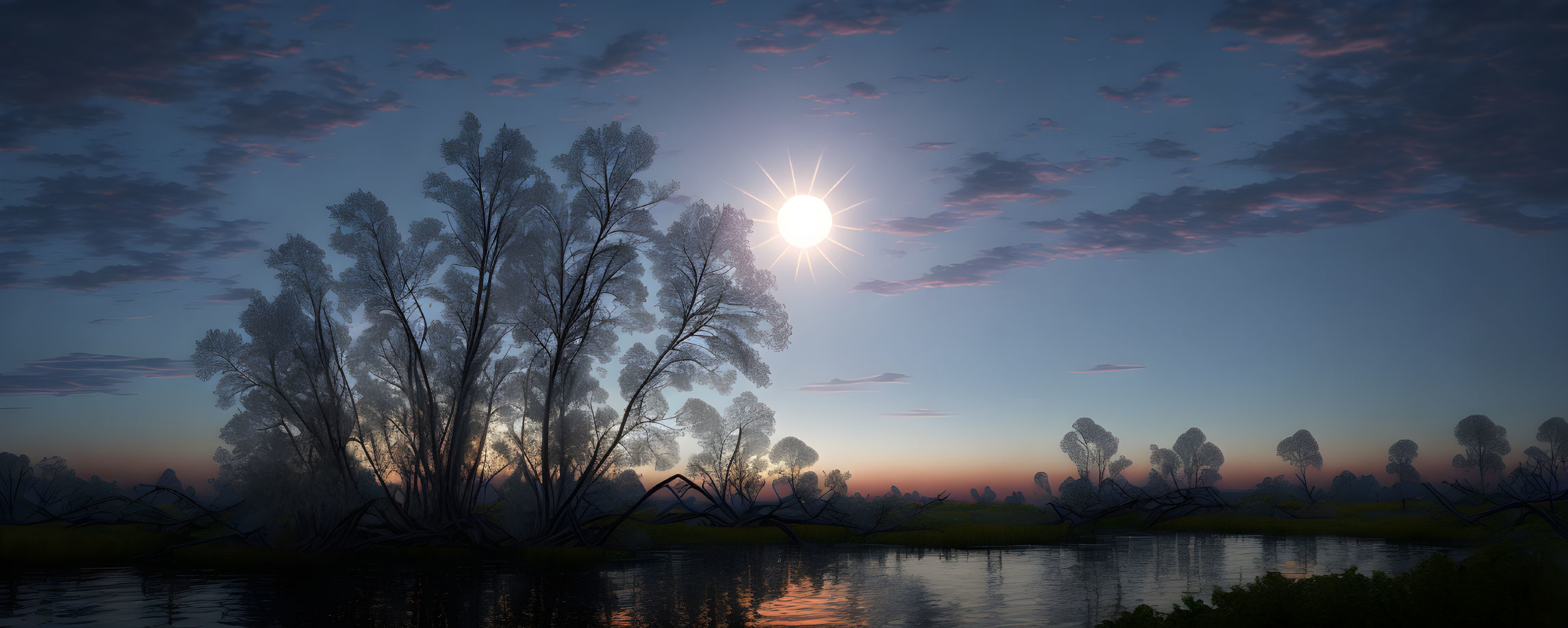 Sunset landscape water trees