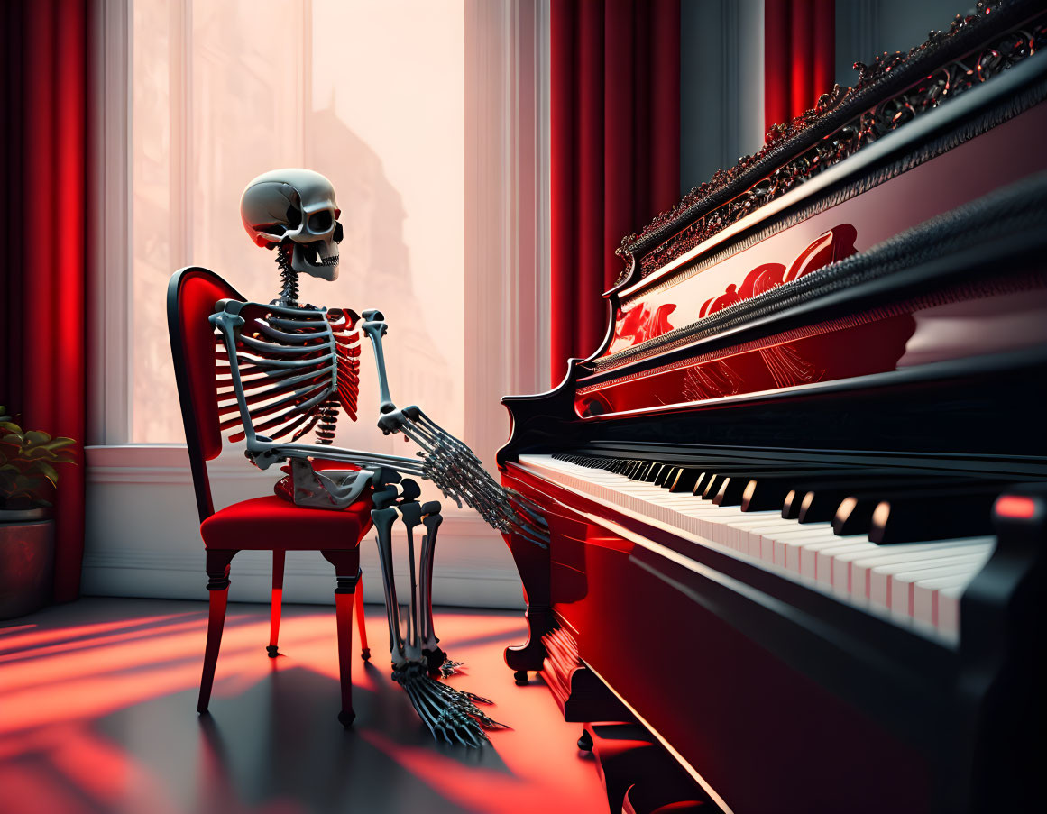Skeleton man sitting on a red chair playing the pi