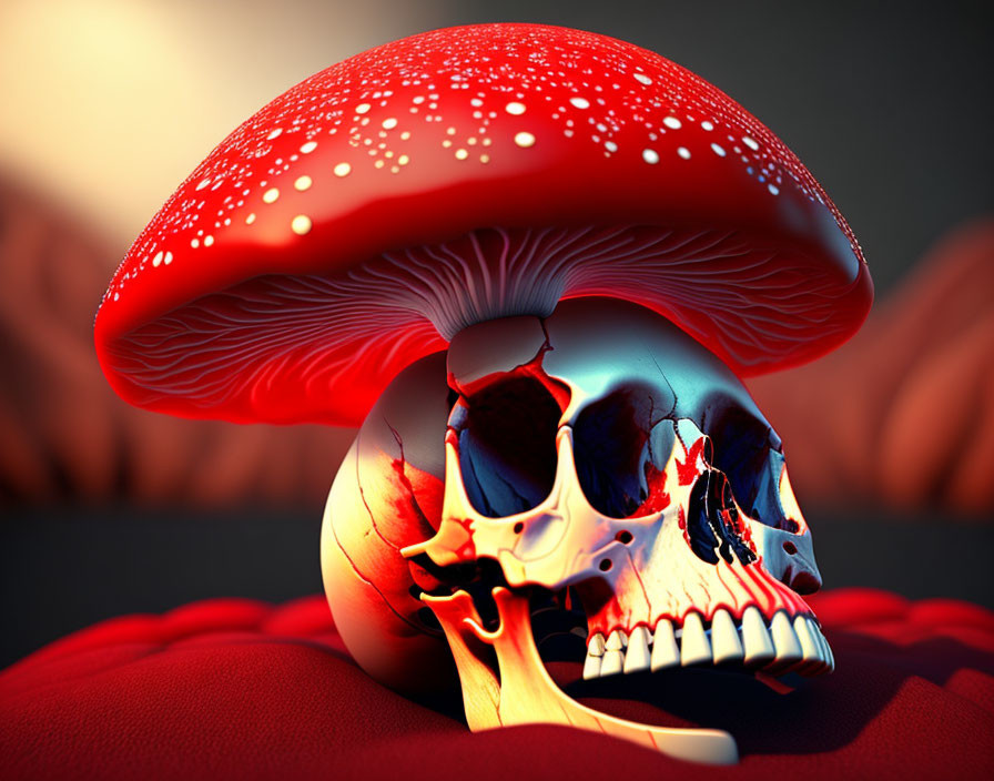 A skull from which a beautiful red mushroom emerge