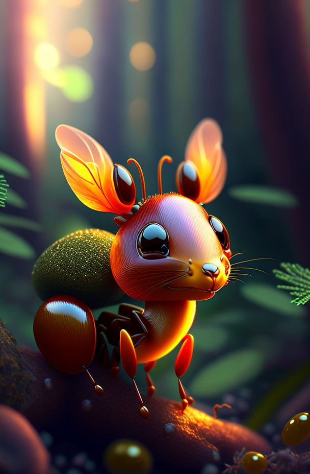 A cute ant in the dreamy forest, very beautiful, s