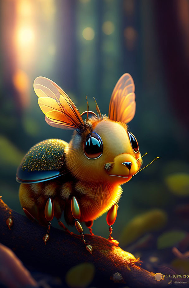 A cute bee in the dreamy forest, very beautiful, s