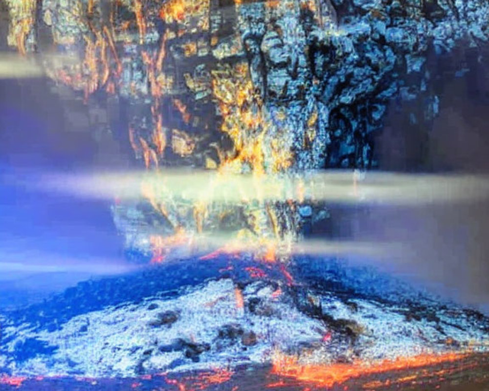 Surreal image: Glowing fiery substance flowing over cliff