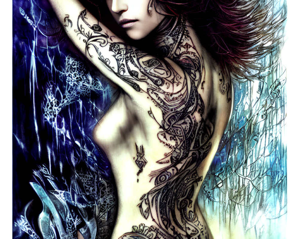 Illustration of person with intricate tattoos and flowing hair on colorful background