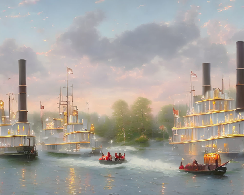 Misty River Scene with Vintage Paddle Steamboats